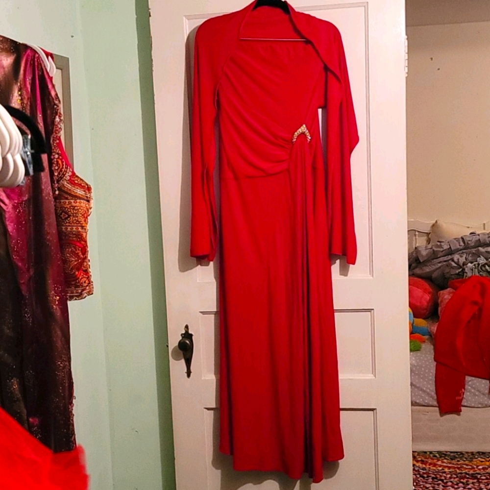 Red strapless gown with scarf/shawl